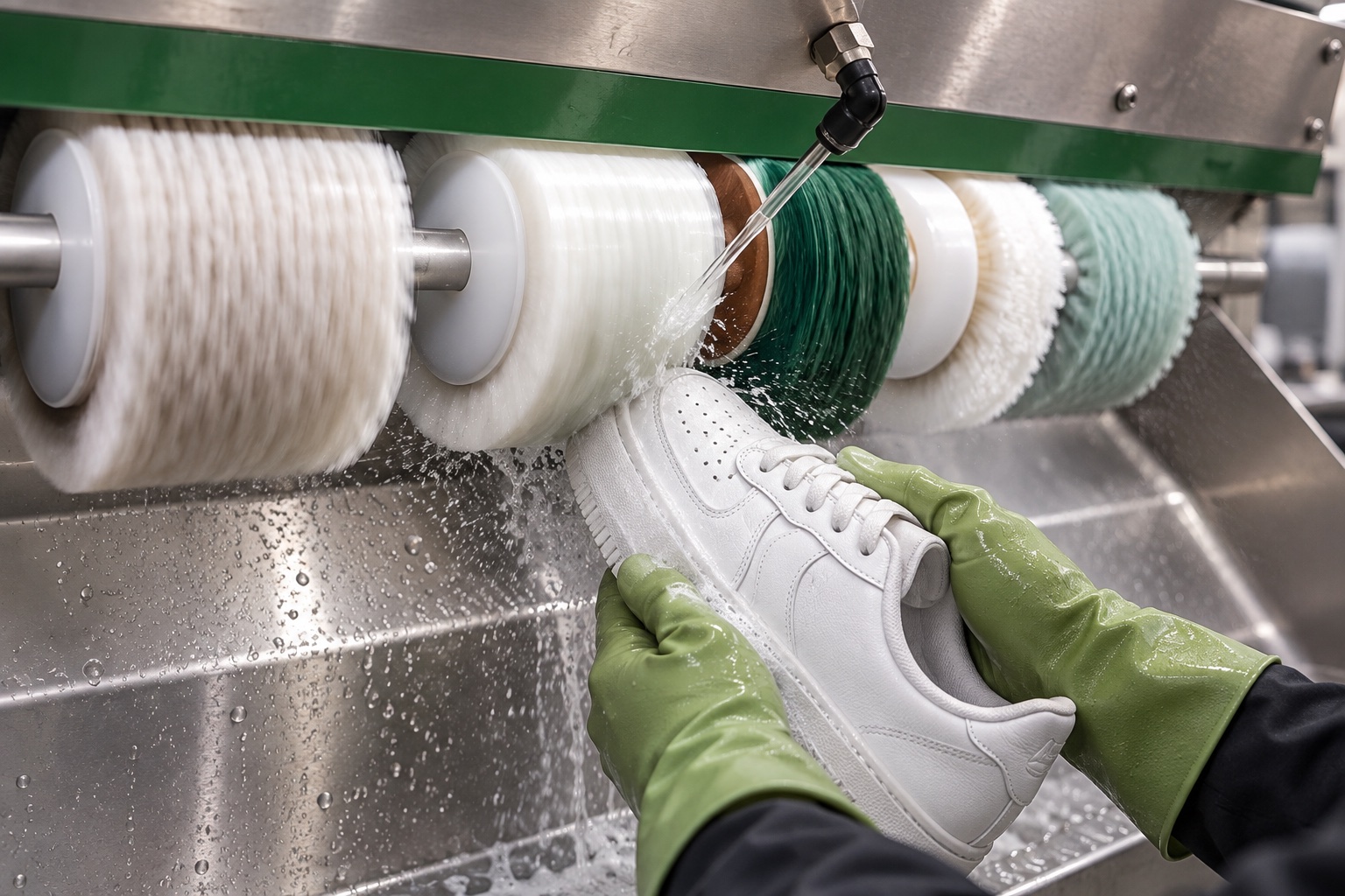 Multi-brush sneaker cleaning station working on a white shoe